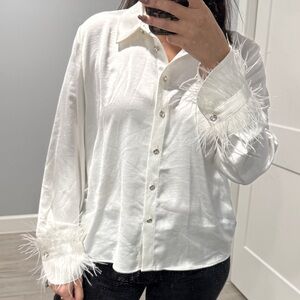 Muse White Feather-Trimmed Button Down Shirt